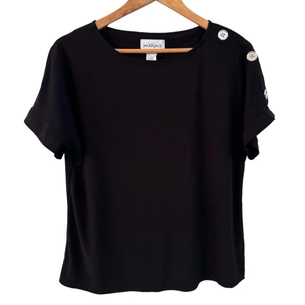 Peck & Peck Woman’s Black Blouse with Silver Button Detail on Shoulder Medium